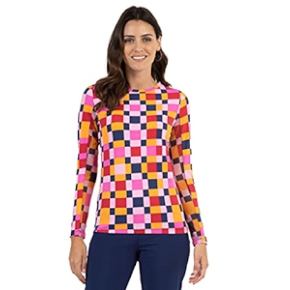 NEW IBKUL Annalise Checkered Print Long Sleeve Cooling Tee Crew Neck Size Small